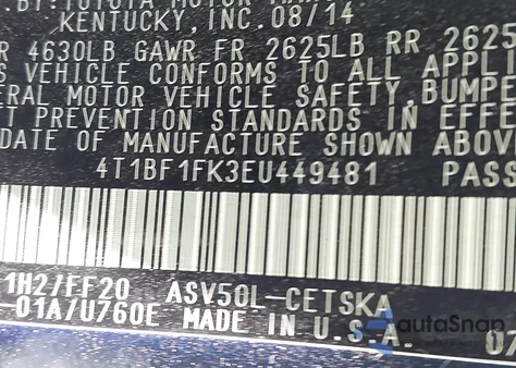 2014 Toyota Camry Se from USA, damaged, VIN 4T1BF1FK3EU449481